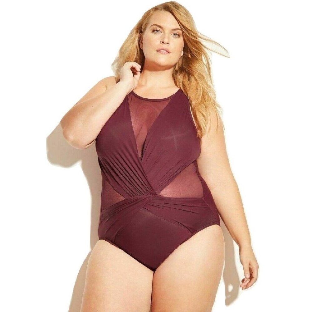Aqua Green Ladies Plus Size Mesh Inset One Piece Swimsuit Plum Plus Size 16W